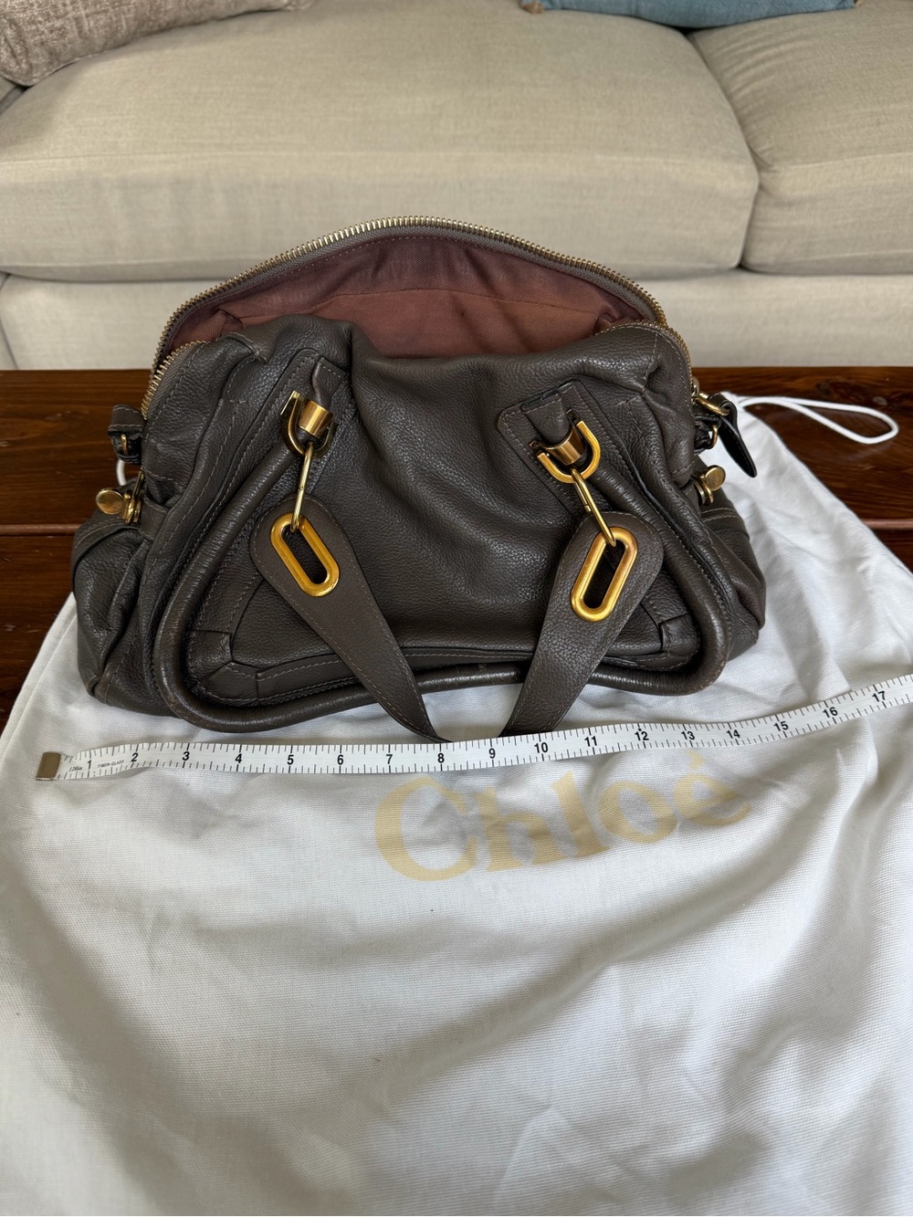 Chloé Paraty Medium Leather Satchel Shoulder Bag Grey/Brown Gold Hardware - Picture 8 of 9